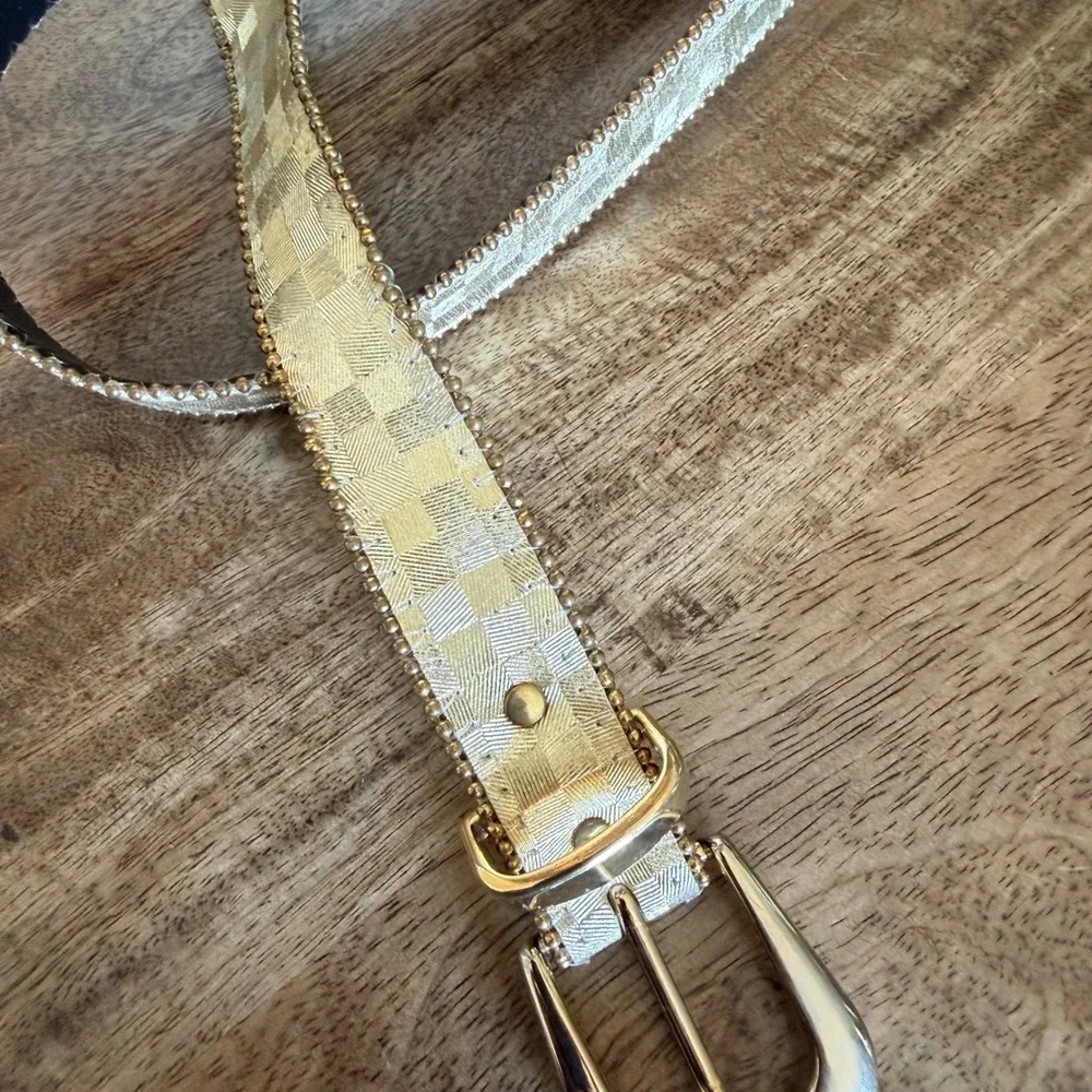Elite Western Checkerboard Belt Womens XL Gold Metallic Ball Chain Trim GLAM